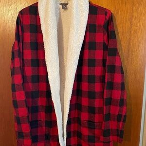 Eddie Bauer Womens Red Buffalo Check Camp Fleece Sherpa Cardigan Medium NWT